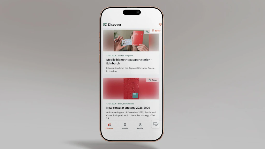 The image shows a smartphone showing the newsfeed of the SwissInTouch app, in which two posts are visible.